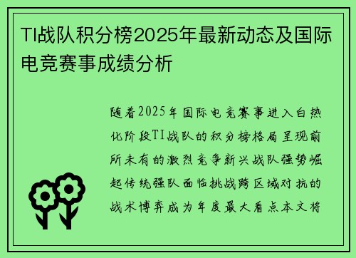 TI战队积分榜2025年最新动态及国际电竞赛事成绩分析